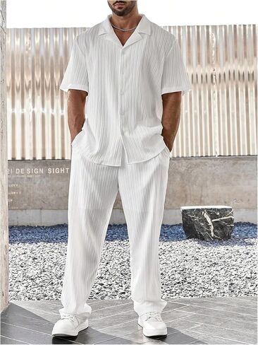 طقم ملابس صيفية للرجال من SOLY HUX مقاس كبير مكون من قطعتين بأكمام قصيرة وأزرار سفلية وقميص وسراويل in Kuwait