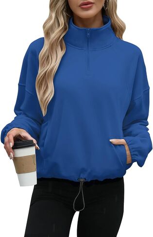 Wenlia Womens Lightweight Sweatshirt Casual High Neck 1/4 Zipper Long Sleeve Drawstring Sweatshirts with Pockets in Saudi Arabia