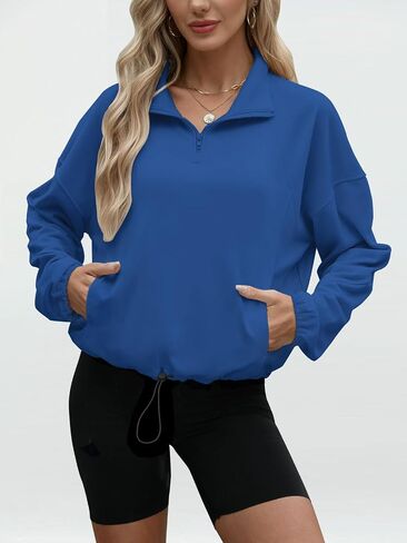 Wenlia Womens Lightweight Sweatshirt Casual High Neck 1/4 Zipper Long Sleeve Drawstring Sweatshirts with Pockets in Saudi Arabia