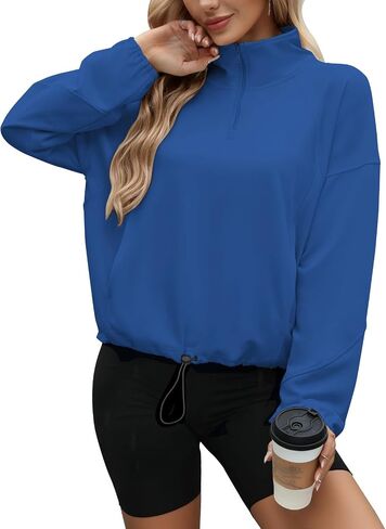 Wenlia Womens Lightweight Sweatshirt Casual High Neck 1/4 Zipper Long Sleeve Drawstring Sweatshirts with Pockets in Saudi Arabia