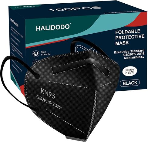 HALIDODO 100 Packs Individually Wrapped KN95 Face Mask 5-Ply Breathable & Comfortable Filter Safety Mask, Black in Kuwait