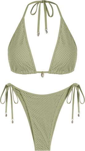 ZAFUL Women's Triangle Bikini Multiway Fishnet Tie Side Bandeau Halter String Bikini Set Two Piece Swimsuit Bathing Suits (1a-Light Green, M) in Saudi Arabia