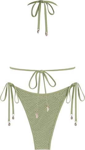 ZAFUL Women's Triangle Bikini Multiway Fishnet Tie Side Bandeau Halter String Bikini Set Two Piece Swimsuit Bathing Suits (1a-Light Green, M) in Saudi Arabia