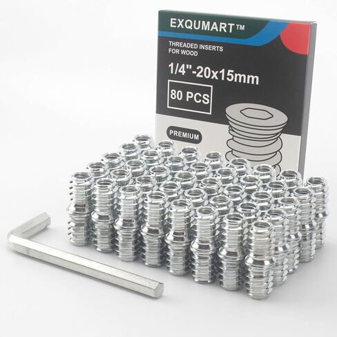 80 Pcs Premium Threaded Inserts for Wood, 1/4-20 Threaded Inserts with Hex Key, Upgrade 4.8 Grade High Hardness Carbon Steel Yellow (1/4"-20x15mm) in Saudi Arabia