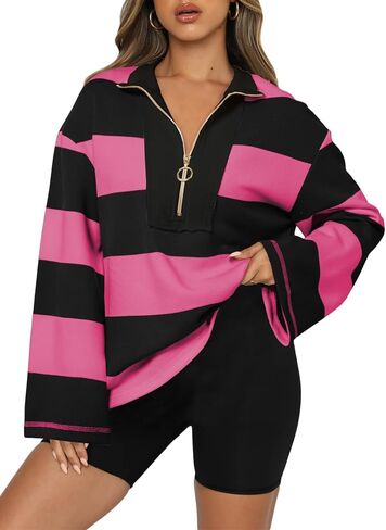 AlvaQ Womens Oversized Sweatshirt 2024 Casual Striped Long Sleeve Half Zip V Neck Pullover Tunic Tops Fall Outfits in Saudi Arabia