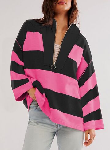 AlvaQ Womens Oversized Sweatshirt 2024 Casual Striped Long Sleeve Half Zip V Neck Pullover Tunic Tops Fall Outfits in Saudi Arabia