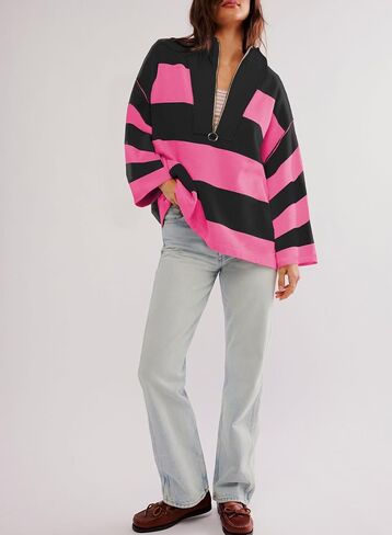 AlvaQ Womens Oversized Sweatshirt 2024 Casual Striped Long Sleeve Half Zip V Neck Pullover Tunic Tops Fall Outfits in Saudi Arabia