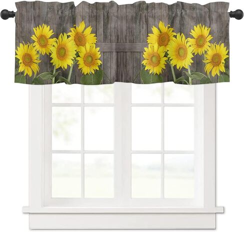 Natural Flowers Blooming Yellow Sunflowers Window Valance Rod Pocket Panel for Kitchen Bedroom Windows Vintage Farm Barn Door Planks Valances Short Curtain Bathroom Treatment Drapes in Kuwait
