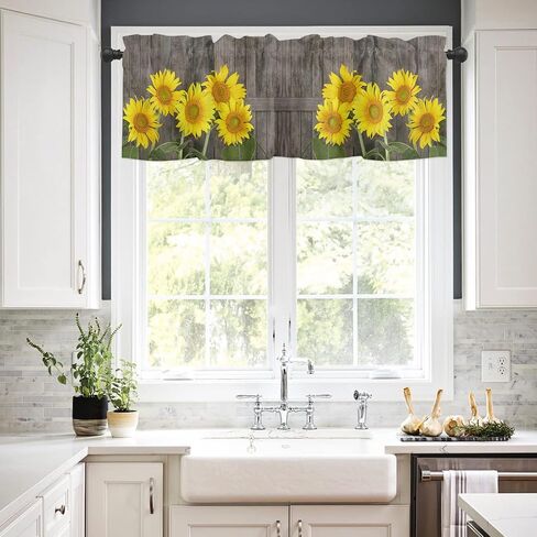 Natural Flowers Blooming Yellow Sunflowers Window Valance Rod Pocket Panel for Kitchen Bedroom Windows Vintage Farm Barn Door Planks Valances Short Curtain Bathroom Treatment Drapes in Kuwait