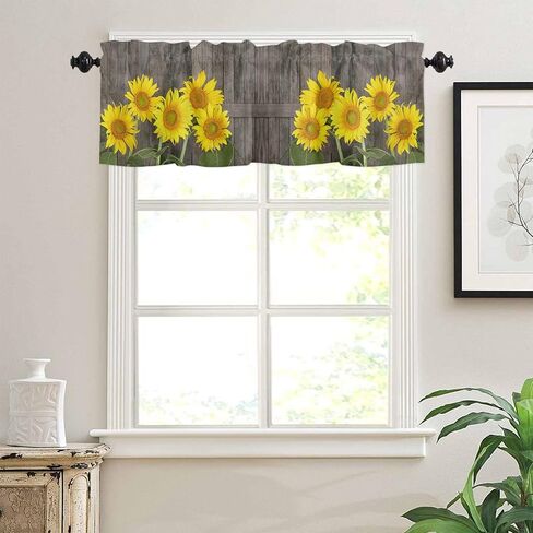 Natural Flowers Blooming Yellow Sunflowers Window Valance Rod Pocket Panel for Kitchen Bedroom Windows Vintage Farm Barn Door Planks Valances Short Curtain Bathroom Treatment Drapes in Kuwait