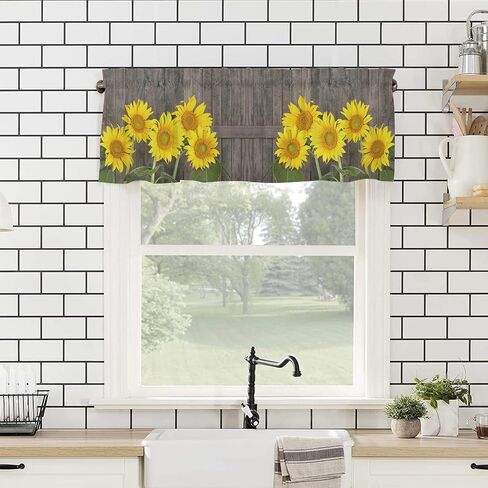 Natural Flowers Blooming Yellow Sunflowers Window Valance Rod Pocket Panel for Kitchen Bedroom Windows Vintage Farm Barn Door Planks Valances Short Curtain Bathroom Treatment Drapes in Kuwait