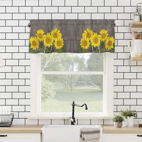 Natural Flowers Blooming Yellow Sunflowers Window Valance Rod Pocket Panel for Kitchen Bedroom Windows Vintage Farm Barn Door Planks Valances Short Curtain Bathroom Treatment Drapes in Kuwait
