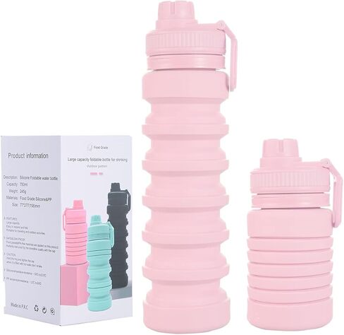 زجاجة مياه قابلة للطي سعة 750 مل - زجاجات مياه خالية من مادة BPA زجاجة مياه من السيليكون قابلة للطي سعة 25.4 أونصة مع غطاء وحزام، زجاجة مياه خفيفة الوزن قابلة للطي للسفر والشرب اليومي وممارسة التمارين الرياضية (وردي) in Kuwait