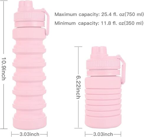 زجاجة مياه قابلة للطي سعة 750 مل - زجاجات مياه خالية من مادة BPA زجاجة مياه من السيليكون قابلة للطي سعة 25.4 أونصة مع غطاء وحزام، زجاجة مياه خفيفة الوزن قابلة للطي للسفر والشرب اليومي وممارسة التمارين الرياضية (وردي) in Kuwait