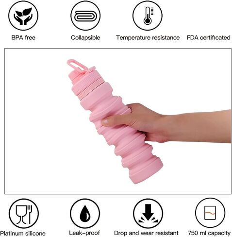 زجاجة مياه قابلة للطي سعة 750 مل - زجاجات مياه خالية من مادة BPA زجاجة مياه من السيليكون قابلة للطي سعة 25.4 أونصة مع غطاء وحزام، زجاجة مياه خفيفة الوزن قابلة للطي للسفر والشرب اليومي وممارسة التمارين الرياضية (وردي) in Kuwait