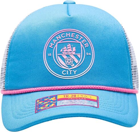 قبعة كرة القدم مانشستر سيتي "Serve" Trucker Snapback القابلة للتعديل (أزرق فاتح/أبيض) in Kuwait