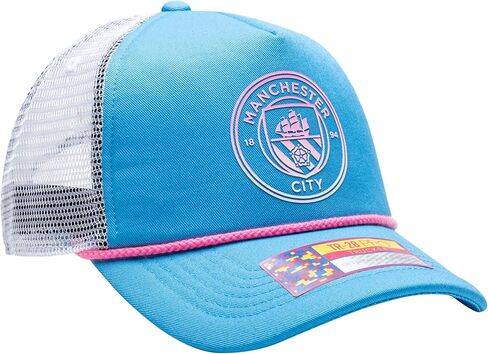 قبعة كرة القدم مانشستر سيتي "Serve" Trucker Snapback القابلة للتعديل (أزرق فاتح/أبيض) in Kuwait