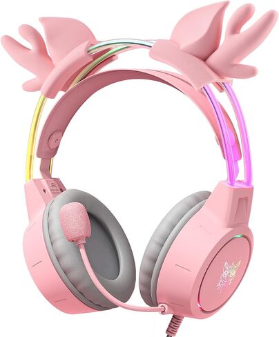 Lightweight Gaming Headsets with Removable Cat Ears,Gradient RGB Light, Wired Over- Ear Headphones for PC/PS4/PS5/XBOX/Switch, Virtual Surround Sound & Noise Cancelling Mic, Auto-Adjust Headband, Pink in Saudi Arabia