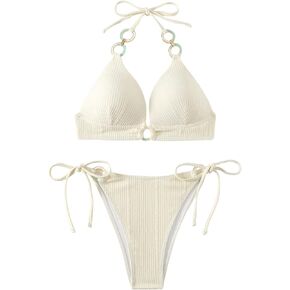 MakeMeChic Women's 2 Piece Triangle Swimsuit Ring Halter String Tie Side Thong Bikini Set Bathing Suit