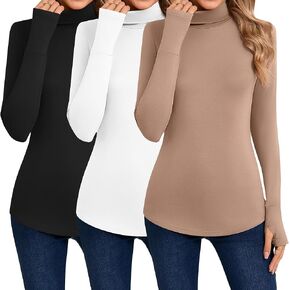 Riyiper 3 Pack Women's Turtleneck Shirts, Long Sleeve Slim Undershirts Lightweight Thumb Holes T Shirts Basic Active Tops