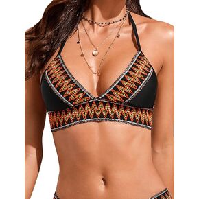 Verdusa Women's Boho Chevron Print Wireless Bra Supportive Halter Push Up Bikini Top