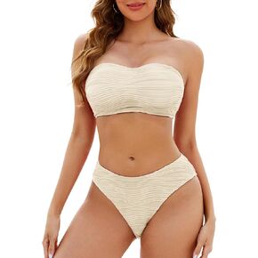 Adisputent Womens Bandeau Swimsuit 2024 Two Piece Strapless Ribbed Lace up Bikini Sets Cute High Cut Cheeky Bathing Suits Apricot L