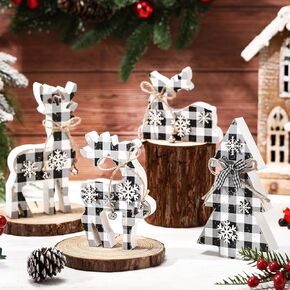 Barydat 4 Pcs Christmas Tabletop Decorations 3 Reindeer Christmas Decor 1 Christmas Tree Wooden Centerpiece Indoor Rustic Reindeer Standing Tabletop Elk Decor for Home Office Xmas Decor (Pink)