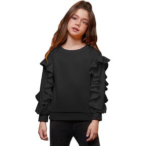 Perfashion Girls Sweatshirt Ruffle Trim Long Sleeve Pullover Solid Drop Shoulder Hoodie Fall Winter 4-13Y