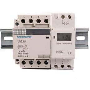 Electrodepot 40 Amp 4 Pole Normally Open 110-120VAC Coil (Silent Operation) Motor Load 40A and Lighting Load 63A Contactor Bundle with 24-7 Electronic Programmable Timer and DIN Rail 35 x 150 mm