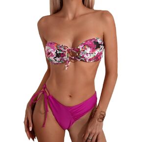 MakeMeChic Women's Floral Two Piece Bandeau Bikini Set Lace Up High Cut Strapless Bathing Suit Swimsuit