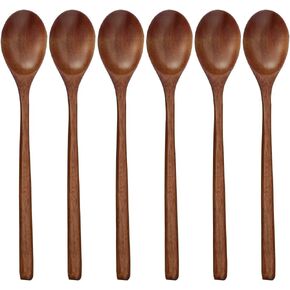 Wooden Spoons, 6 Pieces 9 Inch Wood Soup Spoons for Eating Mixing Stirring, Long Handle Spoon with Japanese Style Kitchen Utensil, ADLORYEA Eco Friendly Table Spoon