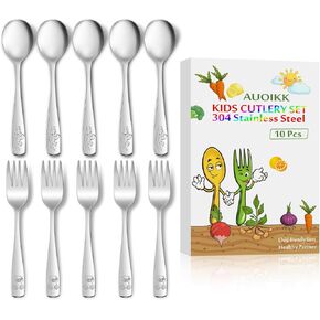 10-Piece Toddler Flatware, Kids Utensils Stainless Steel Cutlery Set, Children Safe Spoons and Forks with Ergonomic Handle, Easy to use and Dishwasher Safe (Crocodile and Bear)