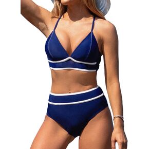CUPSHE Women's Bikini Sets Two Piece Bathing Suit High Waisted Plunging V Neck Crisscross Back Tie Color Block Strappy