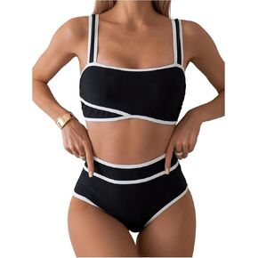 Verdusa Women's Colorblock High Waisted Bikini Swimsuit Contrast Binding 2 Piece Bathing Suits