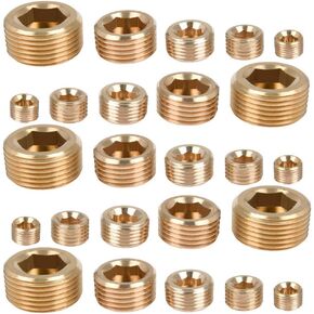 25Pcs Brass Pipe Plugs Set, NPT Plug 1/8" 1/4" 3/8" 1/2" 3/4" Brass Pipe Fitting Internal Hex Thread Socket Pipe Plug Assortment Kit