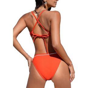 CUPSHE Women's Bikini Sets Two Piece Swimsuit Scoop Neck Crisscross Back Tie Mid Rise Cheeky Stitching Bathing Suit