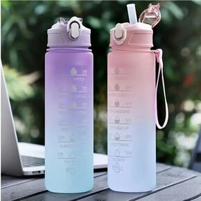 Leakproof & BPA-Free Gradient Water Bottle with Straw, 750ml - Time Marker for Optimal Hydration on the Go, Pink-Blue