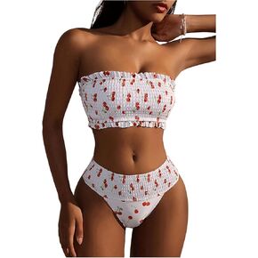 WDIRARA Women's 2 Piece Fruit Print Frill Trim Bandeau Bikini Set High Waist Cute Summer Swimwear Sets