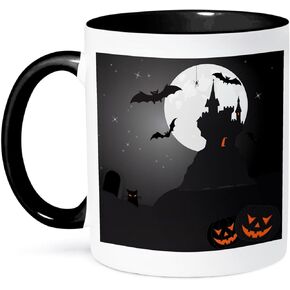3dRose Halloween Ghosts and Cat in House Mug, 11 oz, Black