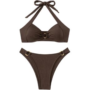 GORGLITTER Women's Halter Triangle Swimsuits Ring High Waisted Thong Bikini Set Cute Bathing Suit