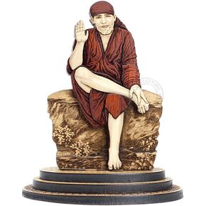 4 Inch Sai Baba Wood Carved Statue in Exotic Hard Woods - Multi Layered Hand Made Wooden Shirdi Sai Nath Idol for Car Dashboard, Home, Office, and Travel