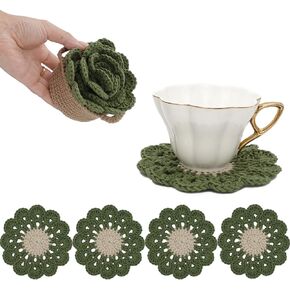 DICHA Crochet Leaf Pot Coasters-Container Beverage Coaster Sets with Holder Bar Coasters for Drinks Coffee Table Desk-Succulent Plant Pot Coaster-Set of 5