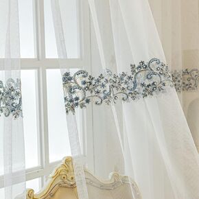 Amidoudou 1 Pair Embroidery Beaded Sheer Curtains Jacquard Tulle Curtains for Living Room Bedroom Luxury European Curtains (Blue and White,54x96 Inch)