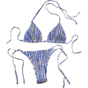 MakeMeChic Women's Striped 2 Piece Bikini Set Swimsuit Halter Tie Side High Cut Thong Bathing Suit in Saudi Arabia