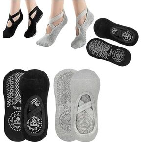 2 Pairs Grip Pilates Socks for Women, Non-slip Yoga Athletic Socks for Barre Ballet Barefoot Workout Gym, Black+grey