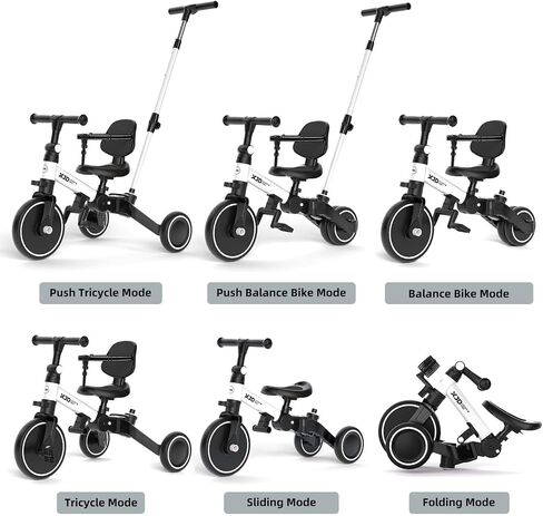 XJD Toddler Bike, 6 in 1 Toddler Tricycle for 1-4 Year Old with Push Handle, Balance Bike with Removable Pedal,Backrest, Adjustable Seat Height and Handle, First Birthday Gifts (White) in Saudi Arabia
