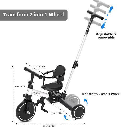 XJD Toddler Bike, 6 in 1 Toddler Tricycle for 1-4 Year Old with Push Handle, Balance Bike with Removable Pedal,Backrest, Adjustable Seat Height and Handle, First Birthday Gifts (White) in Saudi Arabia
