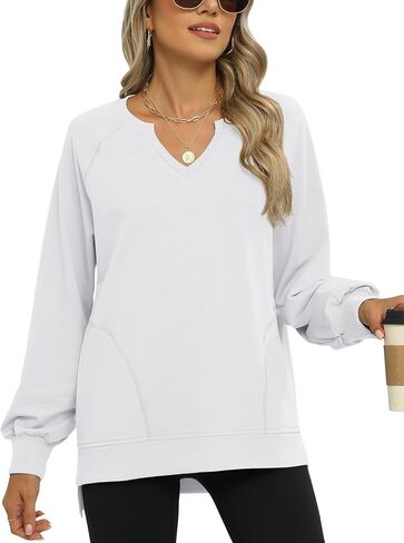 IECCP Womens Sweatshirts Long Sleeve V Neck Pullover Cute Side Slit Tops With Pockets Womens Fall Fashion in Saudi Arabia