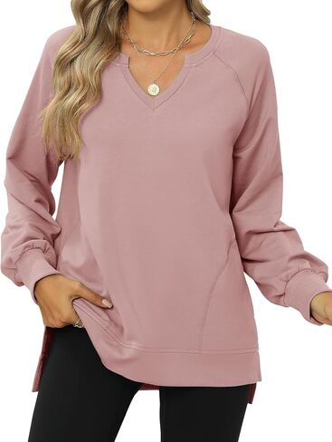 IECCP Womens Sweatshirts Long Sleeve V Neck Pullover Cute Side Slit Tops With Pockets Womens Fall Fashion in Saudi Arabia