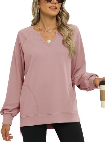 IECCP Womens Sweatshirts Long Sleeve V Neck Pullover Cute Side Slit Tops With Pockets Womens Fall Fashion in Saudi Arabia